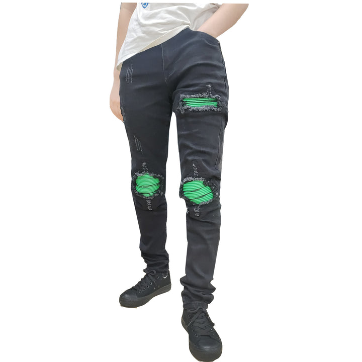 Black Ripped Jeans Men's Green Patchwork Patch Street