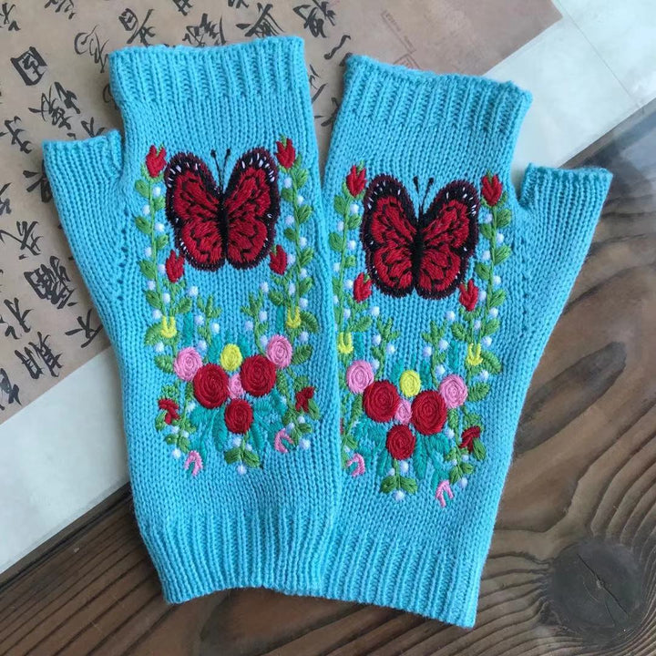 Butterfly Floral Long Warm Women's Knitted Gloves