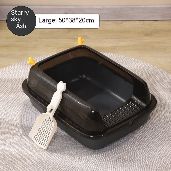 Litter Box Oversized Spatter-Proof Semi-Enclosed Cat Toilet with Detachable Antler