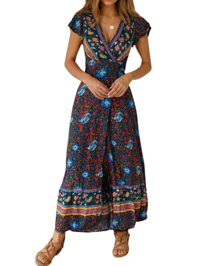 V-neck Split Bohemian Print Dress