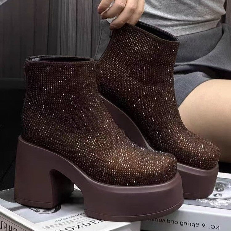 Starry Rhinestone Platform Chunky Heel Booties