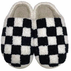 Winter Plush Black Green Checkerboard Warm Non-slip Cotton Slippers