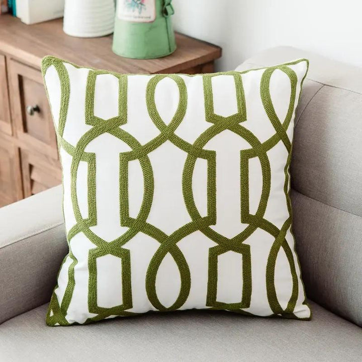 Green Geometric Embroidered Cushion Cover - 18x18 Inches, Cotton Canvas