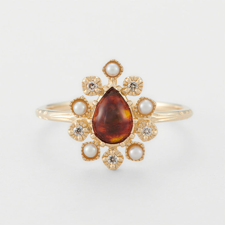 Vintage Ring Female S925 Silver Gilded Flower Amber