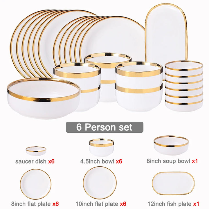 Classical Nordic Bone China Plates Set with Golden Edge, Porcelain Light Green Dinnerware for Elegant Dining