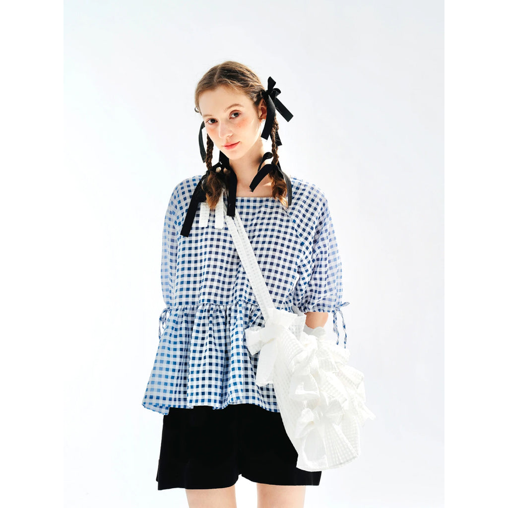 Summer Blue Plaid Puff Sleeve Casual Shirt