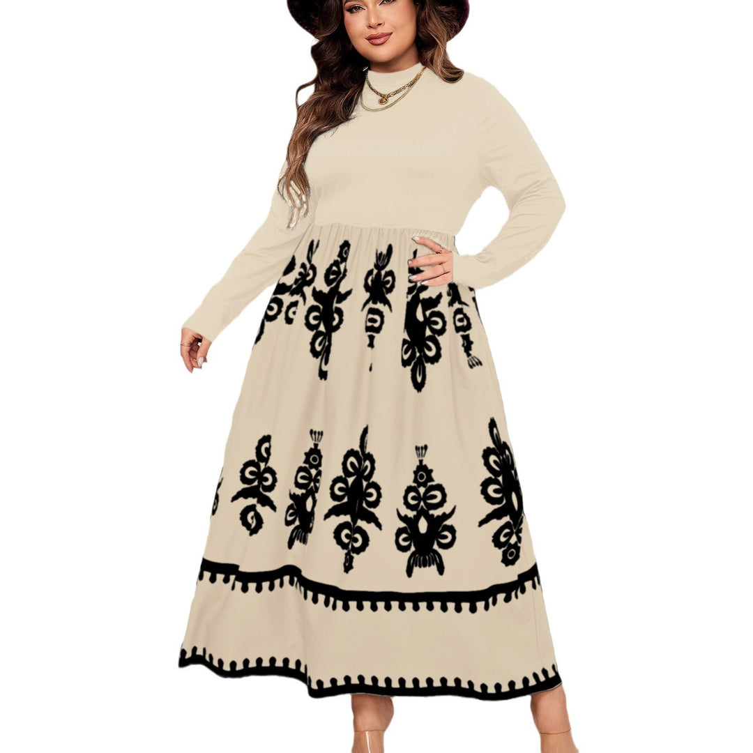 Printed Black Plus Size Loose Long Sleeve Dress