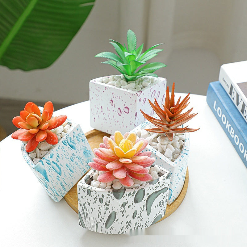 Ceramic Water Transfer Printing Succulent Flower Pot With Bamboo Tray