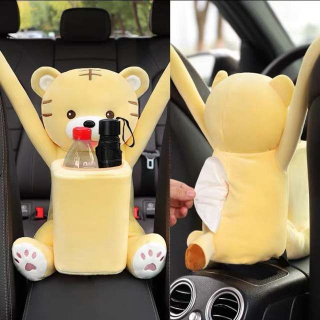 Cartoon Plush Car Tissue Holder with Integrated Trash Cabin