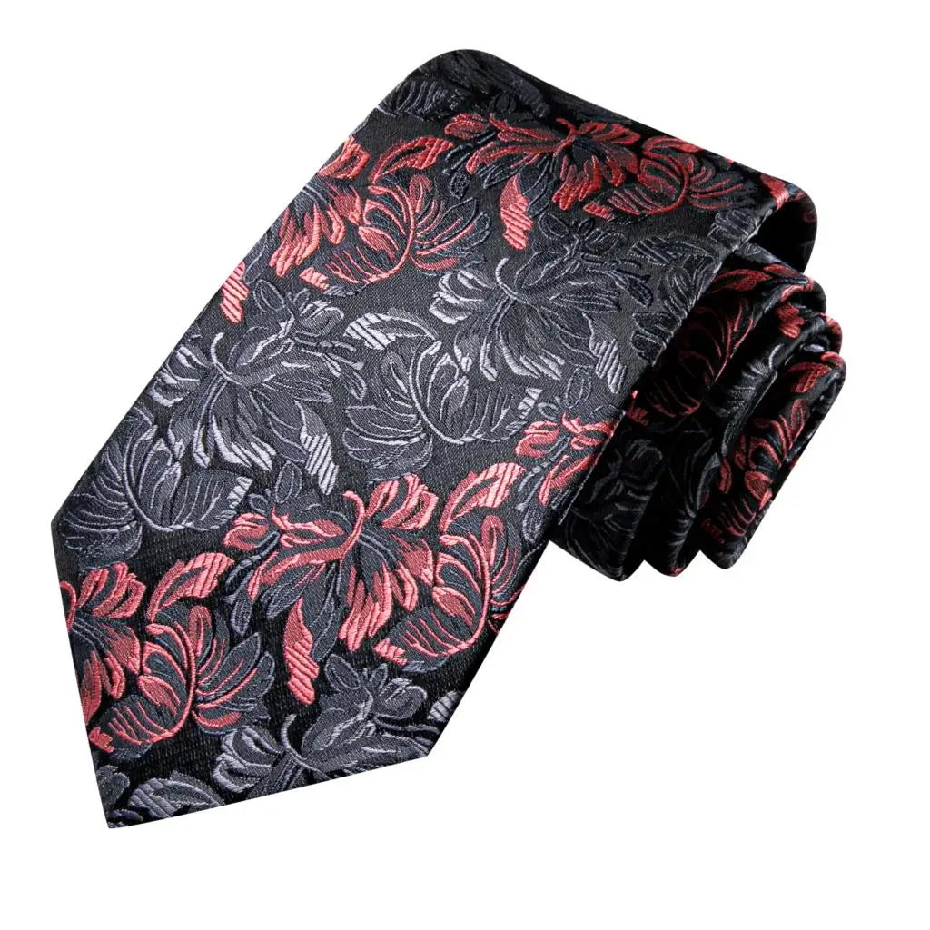 Elegant Floral Black and Red Silk Necktie Set for Men