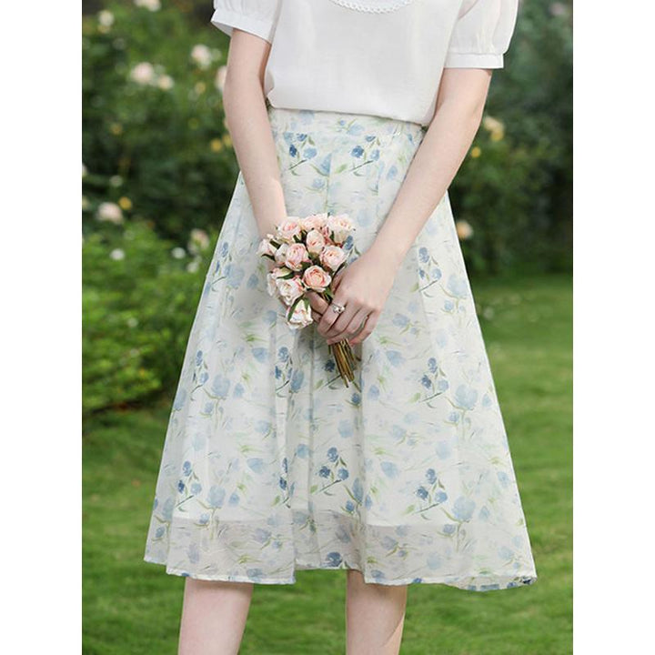 Summer Floral Chiffon Midi Skirt