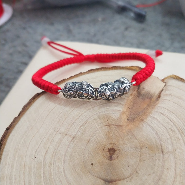 925 Sterling Silver Bitten Coin Double Pixiu Red String Bracelet