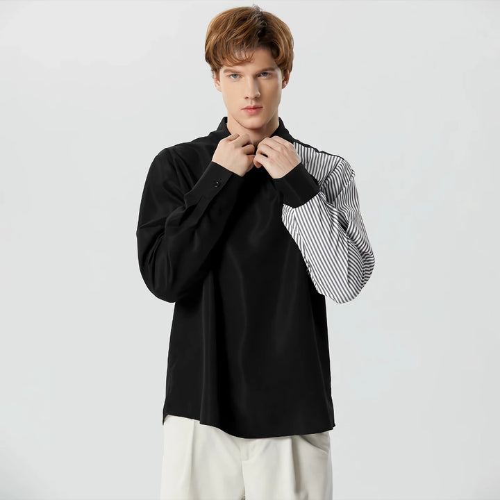 Striped Patchwork Lapel Men’s Long Sleeve Casual Shirt