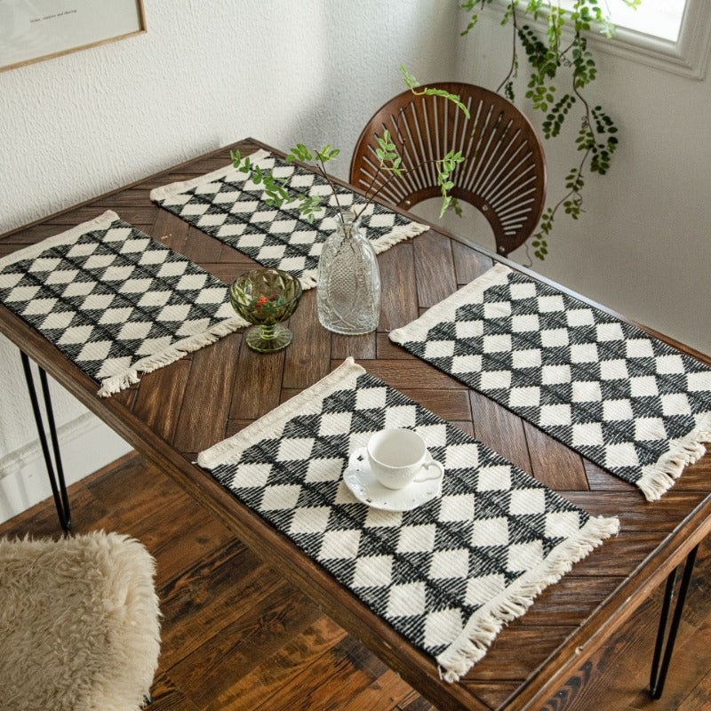 Elegant Black and White Diamond Tassel Table Runner