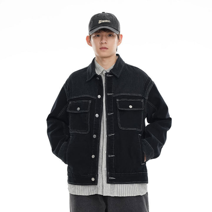 Color Stitching Turnover Neck Denim Coat Men And Women Cityboy Loose Workwear Casual Jacket