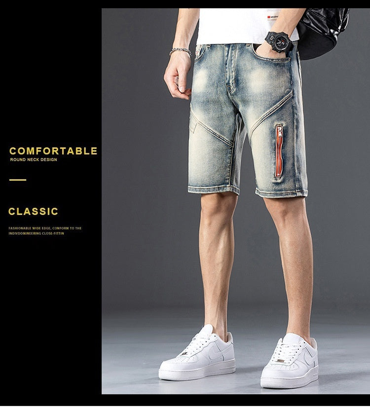 Decorative Zipper Stitching Casual Five-point Denim Shorts Men