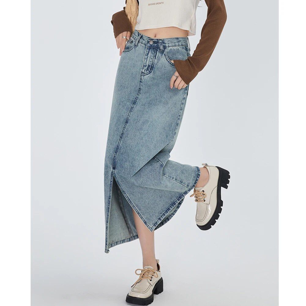 Classic High Waist Straight Denim Skirt