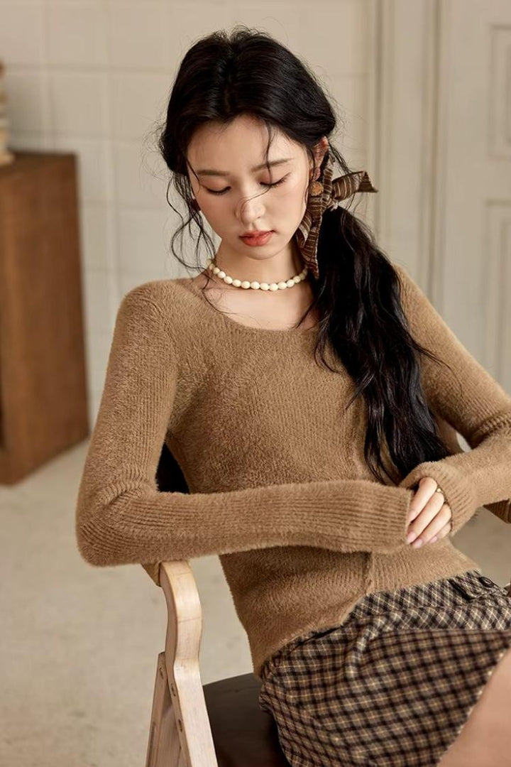 Women's Asymmetric Casual Knitted Sweater with Square Neck – Fall/Winter 2024