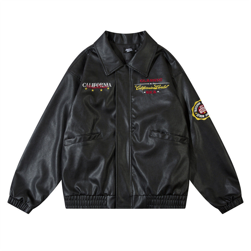 Men's American Embroidery Letters Motorcycle Clothing PU Leather Jacket Coat