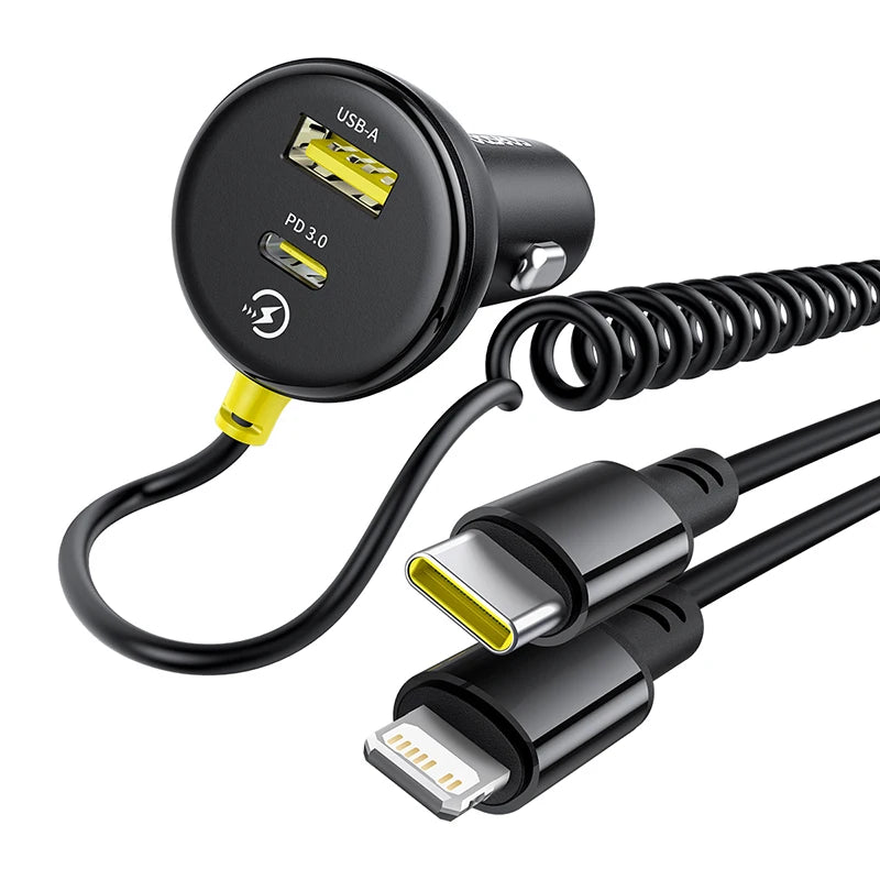 60W Car Charger with Retractable Spring Cable