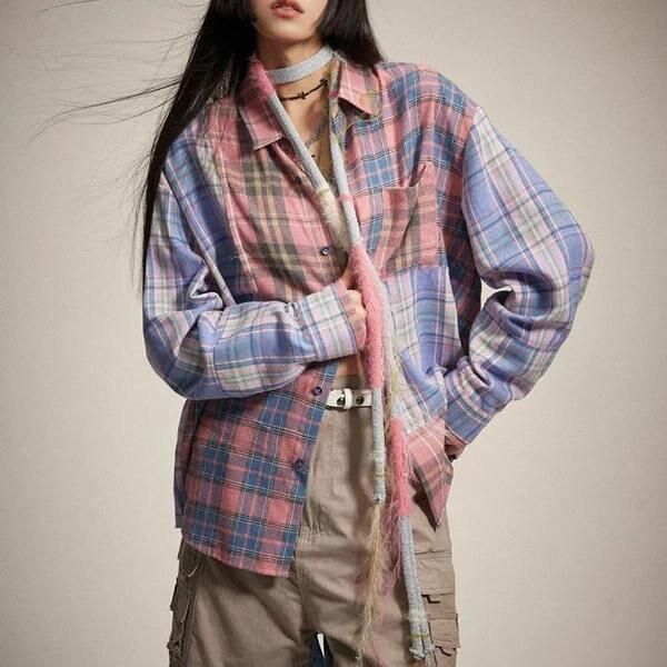 Women's Vintage Plaid Long Sleeve Blouse