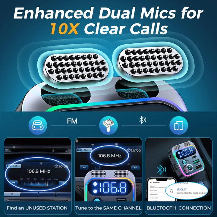 Bluetooth 5.3 FM Transmitter with Dual Mics & Deep Bass