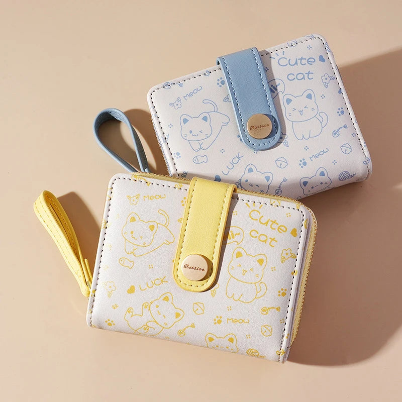 Cute Cat Compact Wallet - Zippered Coin and Card Holder with Key Storage