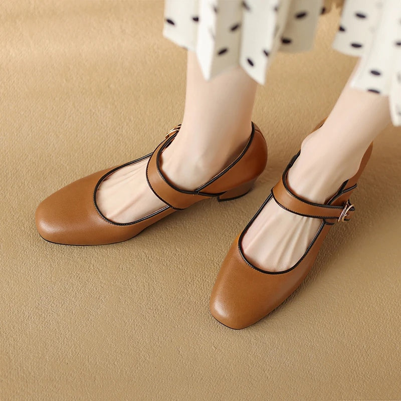 Elegant Genuine Leather Mary Jane Heels for Women