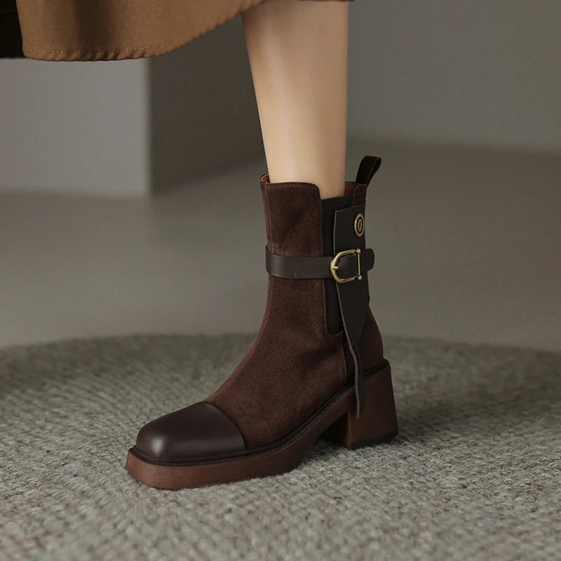 Genuine Leather High-Heeled Chelsea Boots for Women