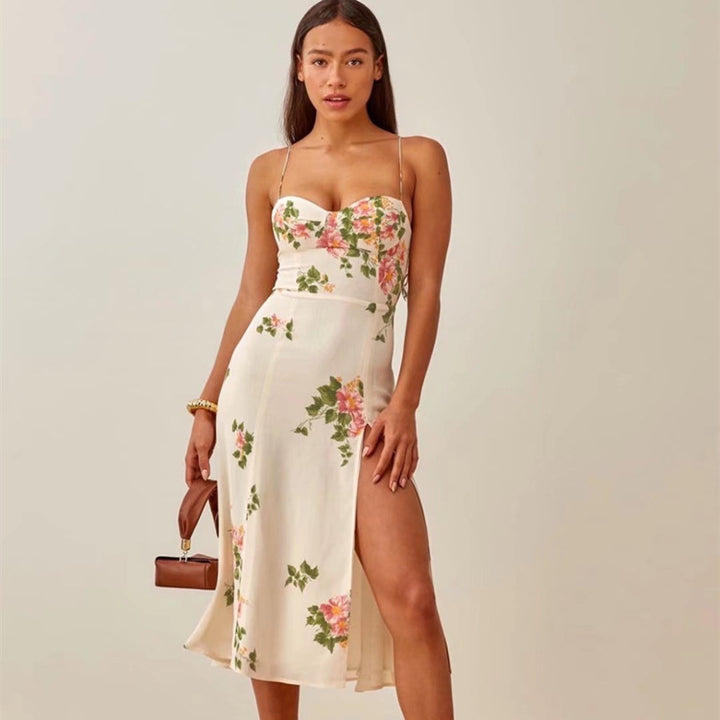 High Waist Slim Fit Strap Type Temperament Commute Flower Printing Slip Dress