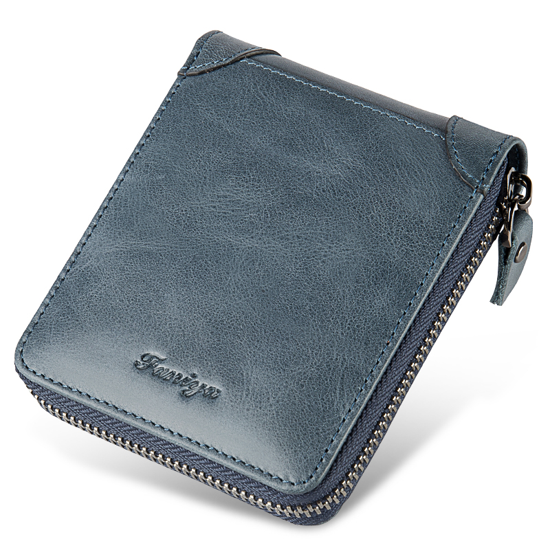 Cartera con cremallera antimagnética RFID de piel de vaca de primera capa para hombre, cartera corta plegable con 7 ranuras para tarjetas, cartera para licencia de conducir