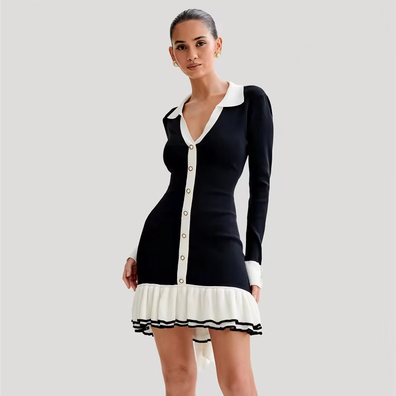 Elegant Long Sleeve Ruffled Knit Mini Dress