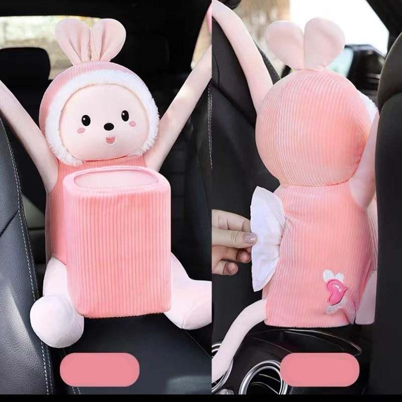 Cartoon Plush Car Tissue Holder with Integrated Trash Cabin