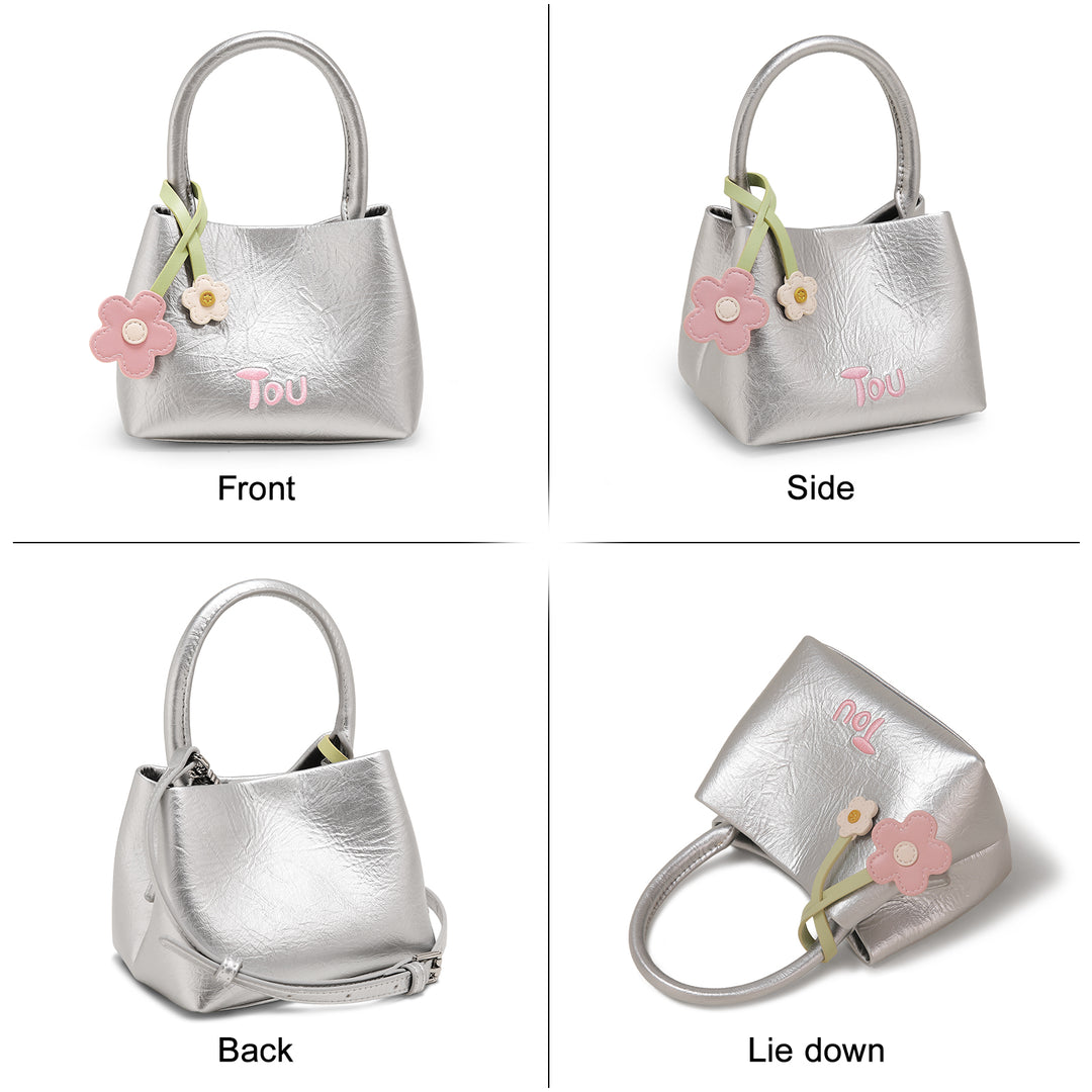 Women’s Flower Pendant Silver Bucket Bag