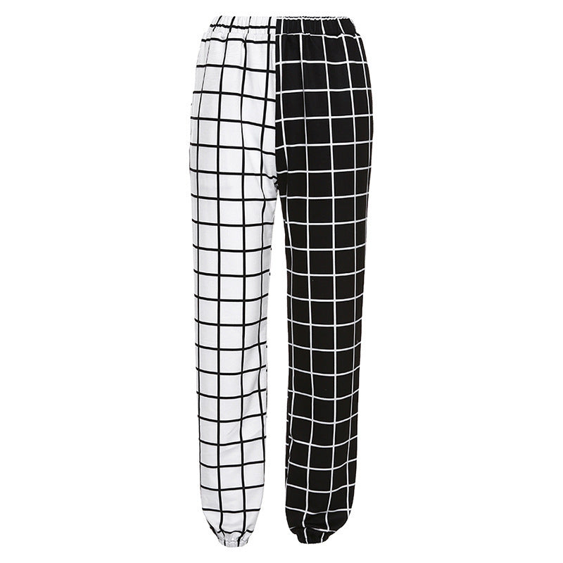 Contrast checkerboard high waist casual trousers