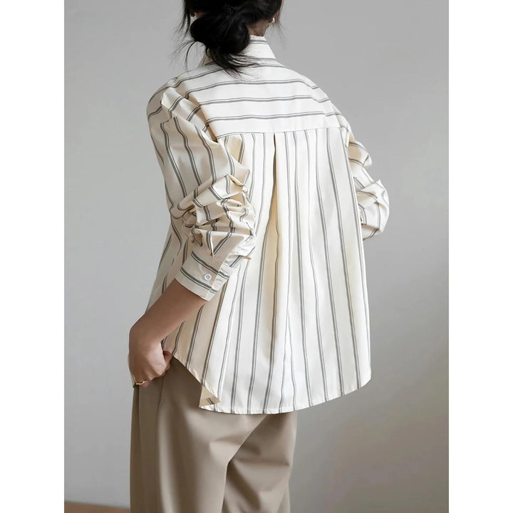 Elegant Striped Office Blouse with Drop Shoulder Design