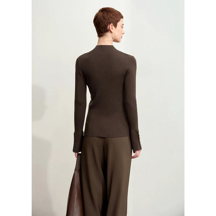 Minimalist Mock Neck Sweater with Slit Cuffs and Metal Buckle