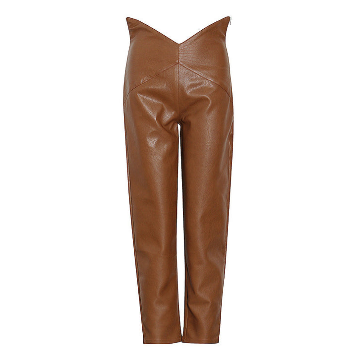 New Fashion High Waist Irregular Harem Leather Cropped Casual Pants