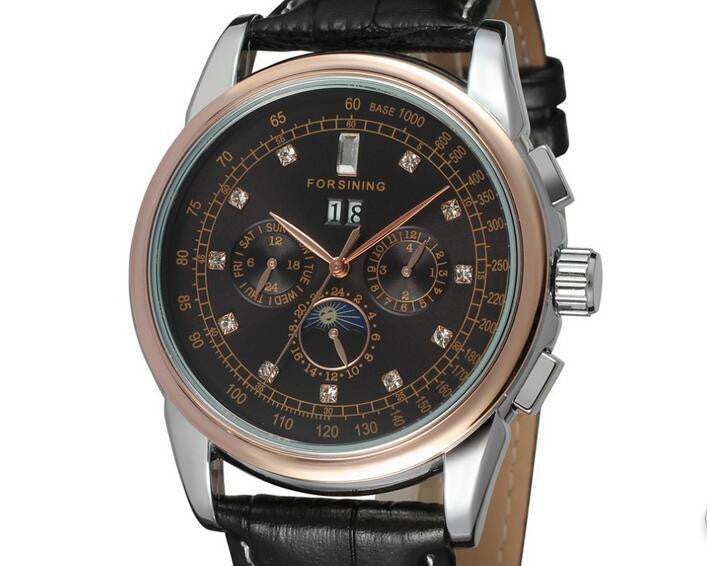 Moon Phase Shanghai Movement Rose Gold Case Brown Leather Strap Men Watch Top Brand Luxury Automatic Self Wind Watch