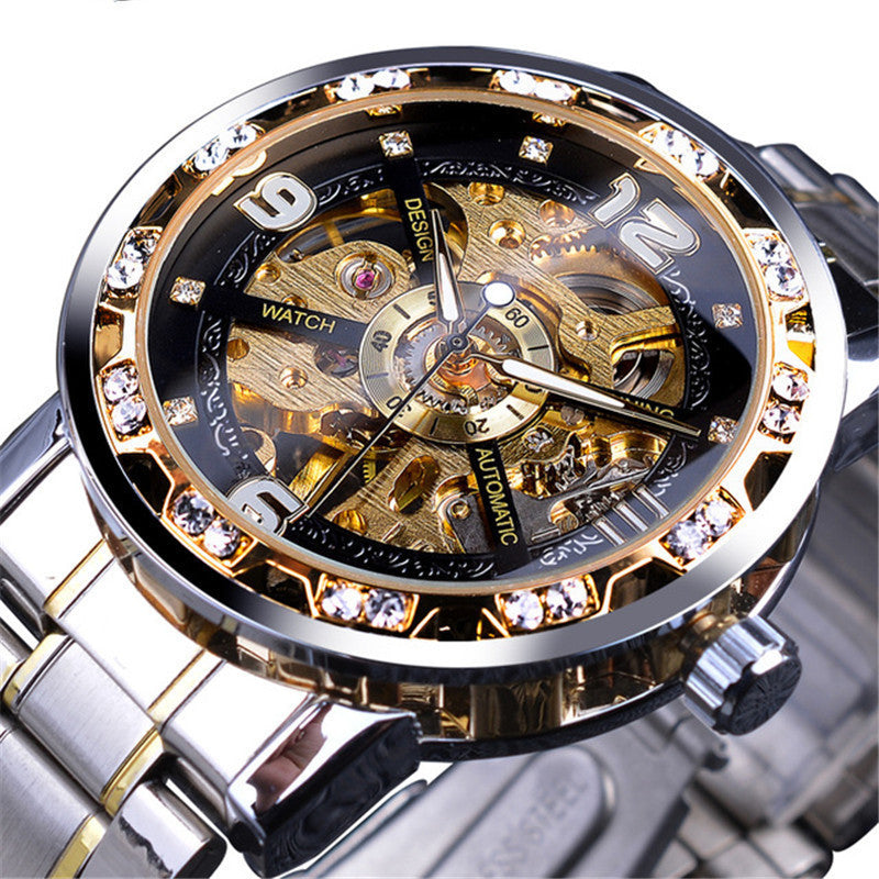 Watch Men's Fashion Casual Classic Popular Hollow Rhinestone Manual Mechanical Watch