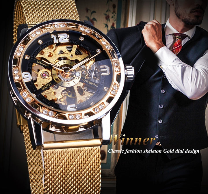 Mesh Belt Hollow Rhinestone Manual Mechanical Watch