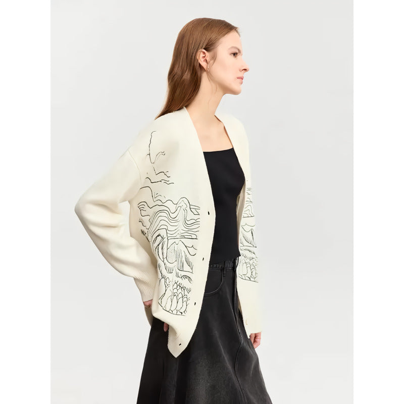 Autumn Wool Cardigan Women V-Neck Embroidered Loose Knitted Sweater