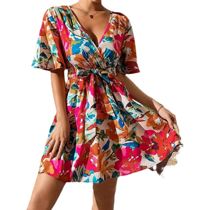 Floral Print Cross Collar Belt Women's Dress