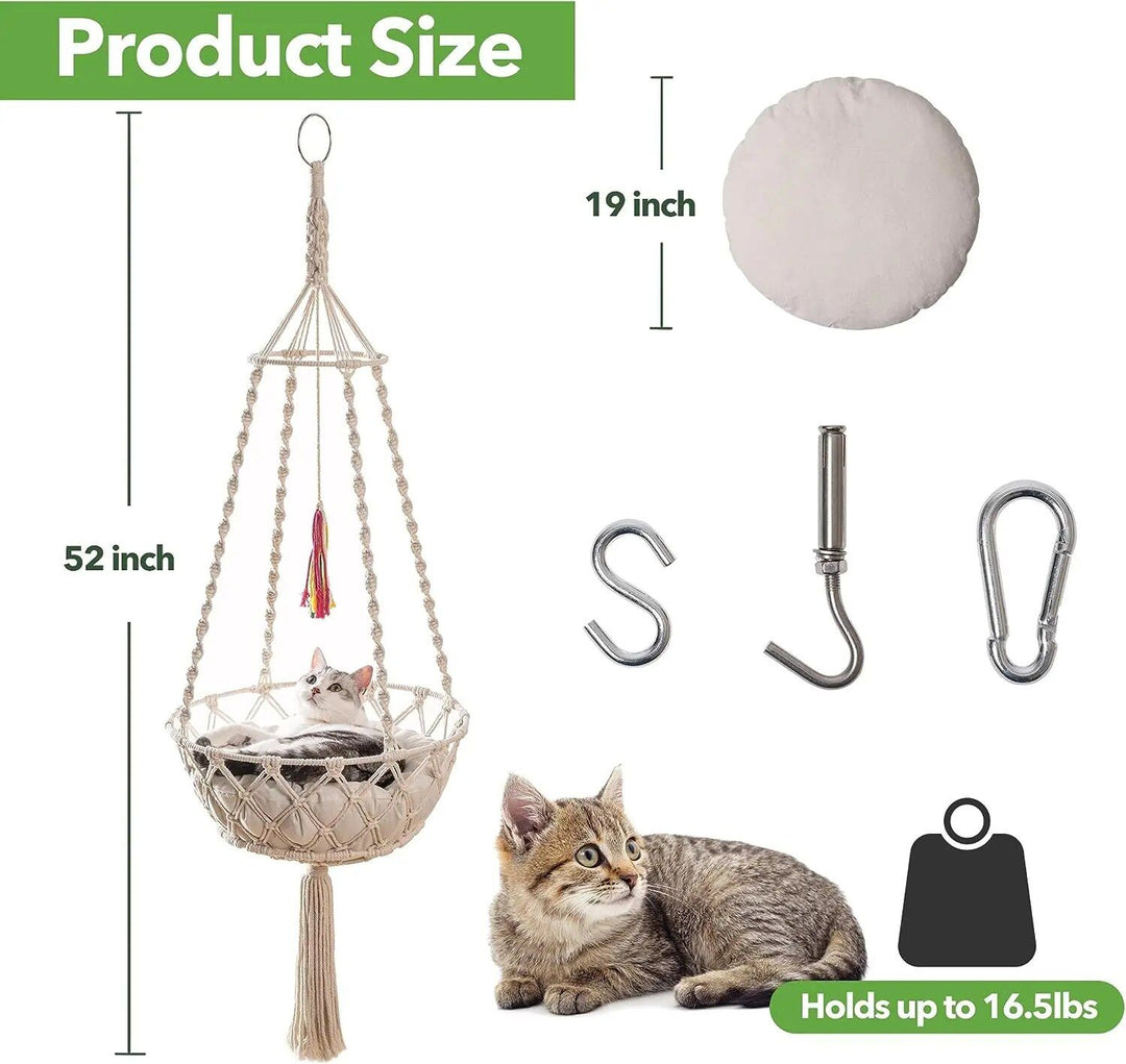 Bohemian Style Cotton Rope Cat Hammock with Tassel and Toy