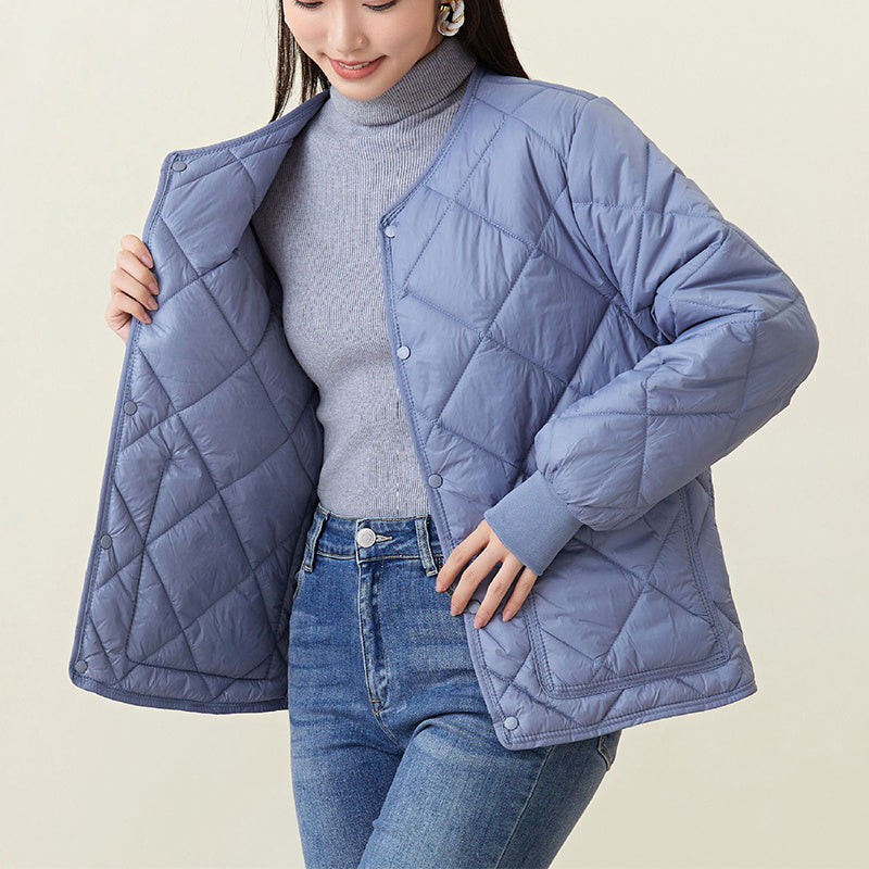 New Rhombus Sewing Cotton Coat Winter Warm Round-neck Jacket With Pockets Lightweight Outerwear For Women's Clothing