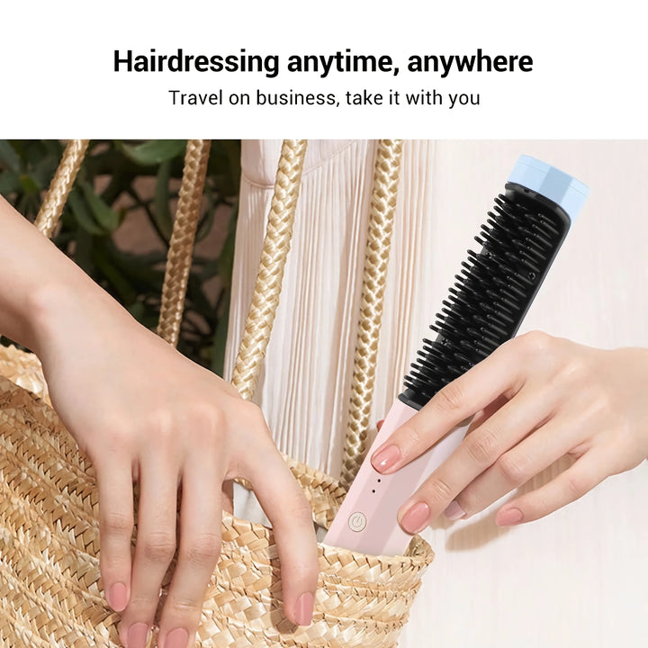 Portable Wireless Hair Styling Brush: Fast-Heating USB Rechargeable Straightener & Curler