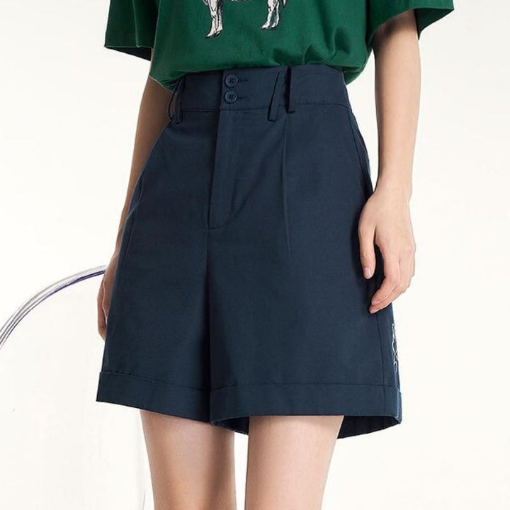 Summer Casual Knee-Length Wide Leg Shorts with Cat Embroidery