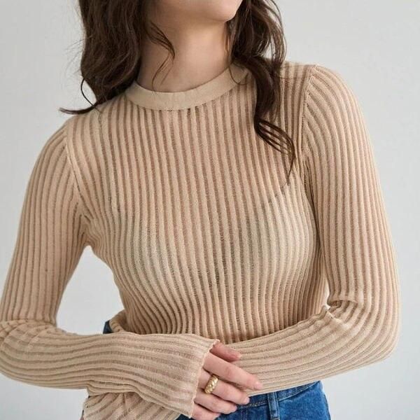 Elegant Striped Long Sleeve See-Through Top for Women