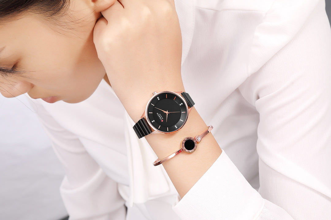 Ladies Watch Steel Band Quartz Pointer Women's Casual Black Men's Watch