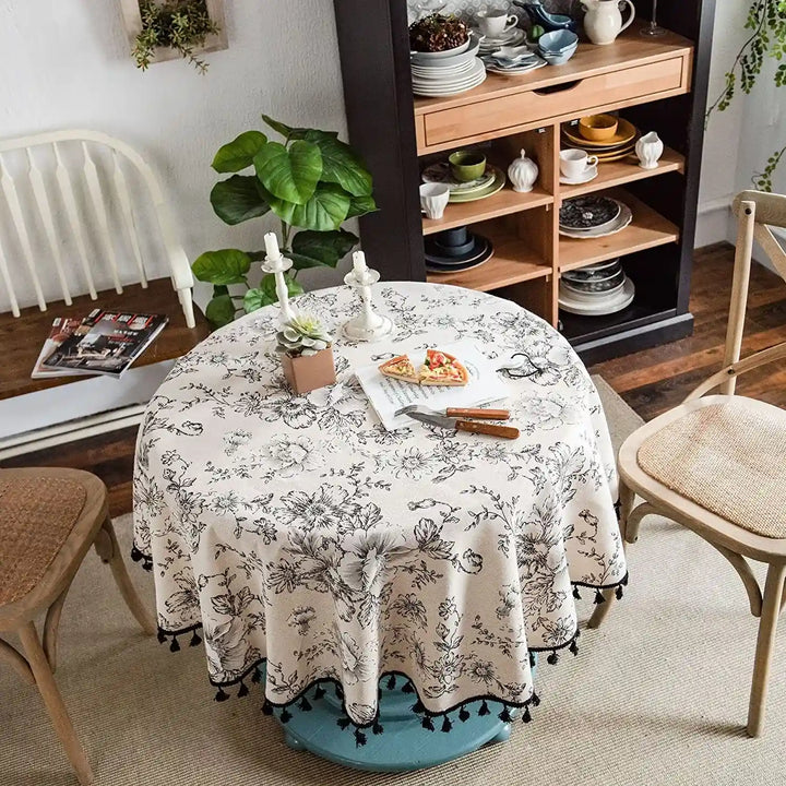 Elegant Floral Cotton Linen Round Tablecloth with Tassels